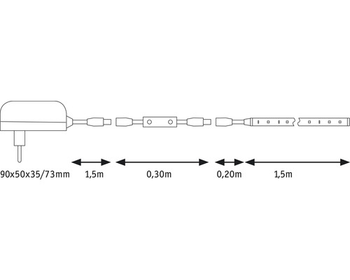 Bild av en LED-ljusslinga med kontakt och måttangivelser