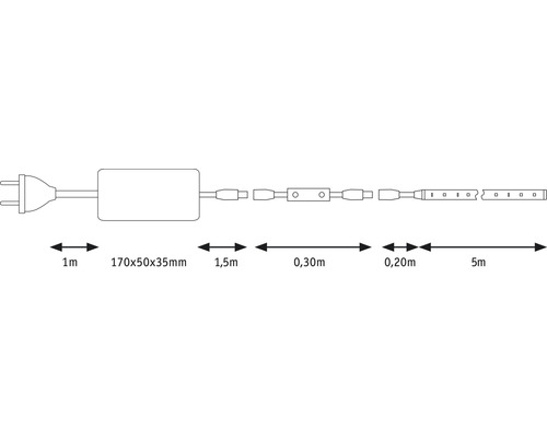 Schematisk ritning av en LED-list med matningsledning, kontakt och mått.