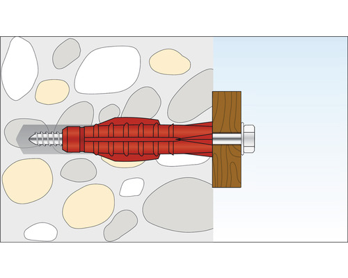 Illustration av en plugg i en vägg med skruv och trä