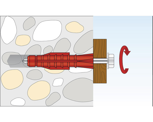 Illustration av en pluggfixering i en vägg med skruv och rotationsrörelse