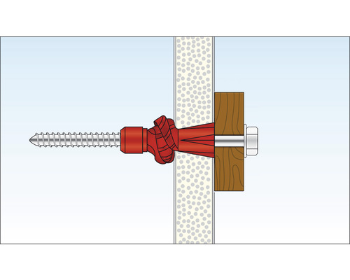 Illustration av en pluggbefästning i en vägg med skruv och träbit