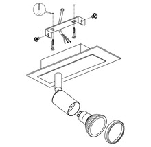 Sprängskiss av en taklampa med monteringstillbehör