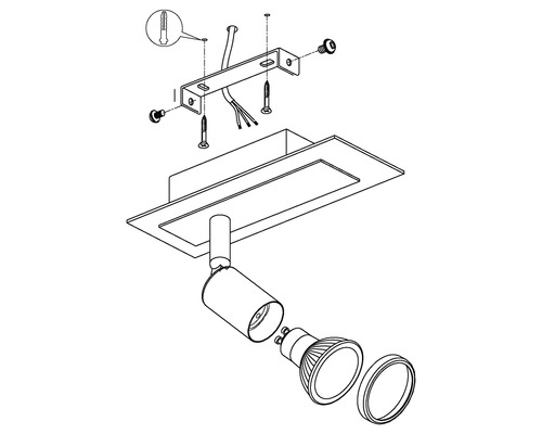 Sprängskiss av en taklampa med monteringstillbehör