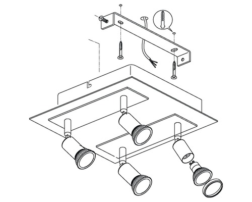 Teknisk ritning av en taklampa med fyra spotlights och fästmaterial.