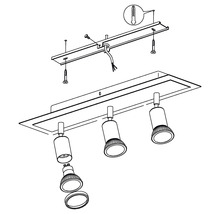 Ritning av en taklampa med tre spotlights och monteringsanvisningar