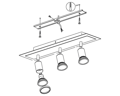 Ritning av en taklampa med tre spotlights och monteringsanvisningar