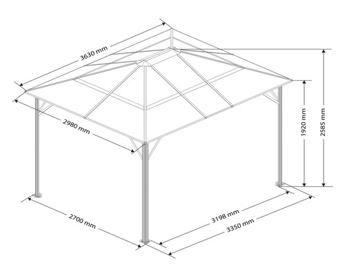 Teknisk ritning av en paviljong med mått