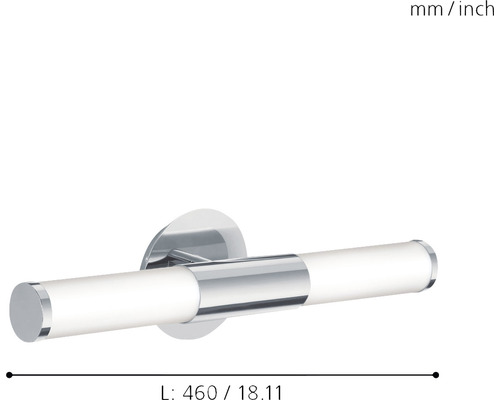Kromfärgad badrumslampa med en längd på 460 millimeter.