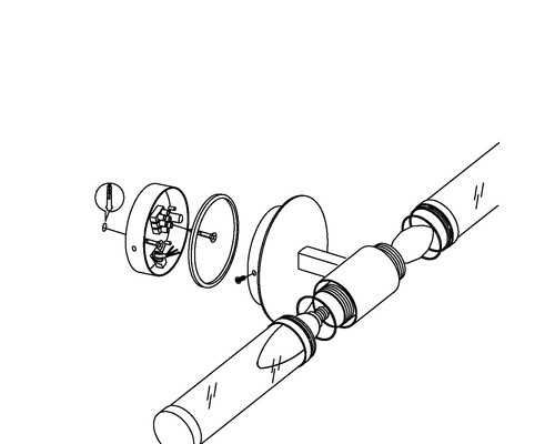 Sprängskiss av en vägglampa med glaselement och fästmaterial