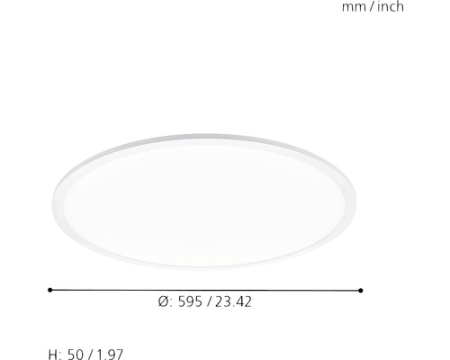 Rund taklampa med måtten 595 millimeter i diameter och 50 millimeter i höjd