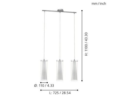Teknisk ritning av en hängande lampa med tre lampor och måttangivelser.