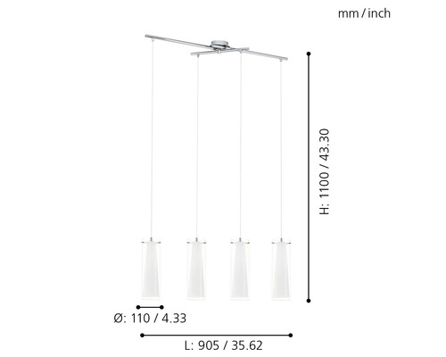 Teknisk ritning av en pendellampa med fyra lampor och måttangivelser