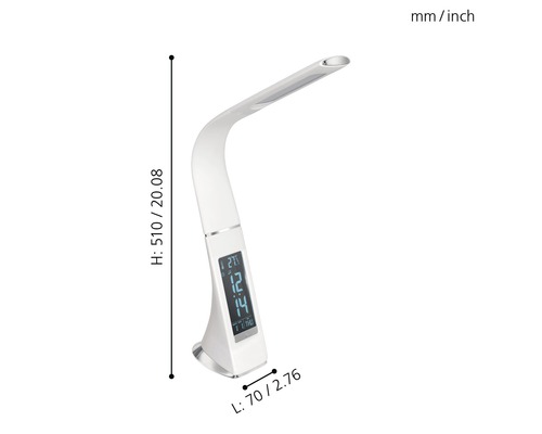 LED-skrivbordslampa med visning av tid, datum och temperatur, höjd 510 millimeter