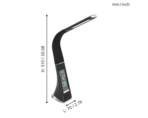 Skrivbordslampa med digital display och måtten 510 x 70 millimeter