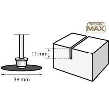 Dremel Max Logo, Schematisk bild av ett verktygsfäste med en diameter på 38 mm och ett arbetsstycke med ett spår som är 11 mm djupt