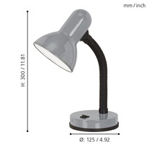 Grå skrivbordslampa med flexibel hals och måtten höjd 300 millimeter och diameter 125 millimeter