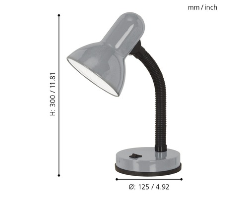 Grå skrivbordslampa med flexibel hals och måtten höjd 300 millimeter och diameter 125 millimeter