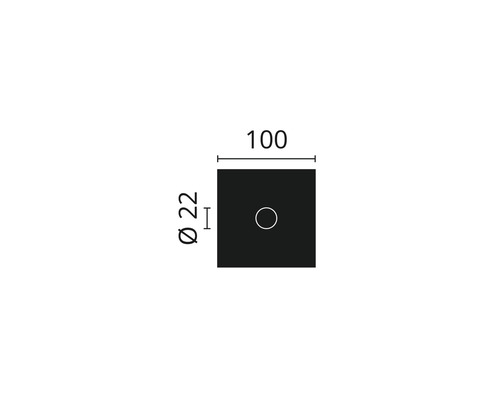 Teknisk ritning av en fyrkantig rosett med måtten 100 x 100 mm och ett håldiameter på 22 mm.