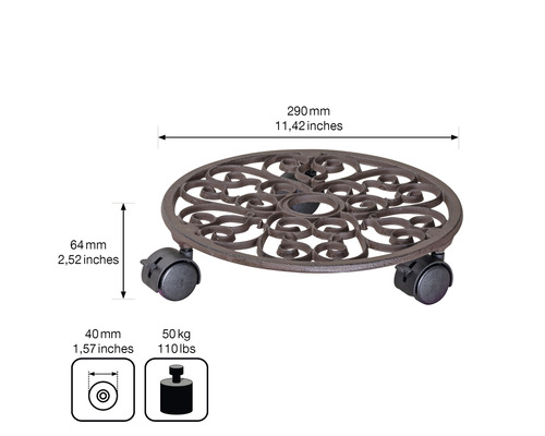 Växtrulle i metall med hjul, diameter 290 millimeter