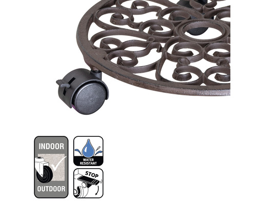 Växtrullare av metall med hjul och dekorativa ornament