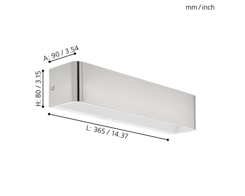 Vägglampa med måtten 365 gånger 90 gånger 80 millimeter.