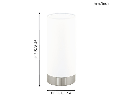 Mått på en cylindrisk bordslampa med metallfot: höjd 215 millimeter, diameter 100 millimeter.