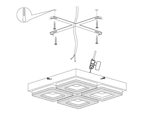 Monteringsanvisning för en taklampa med skruvar, pluggar och anslutningsklämmor