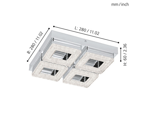 Fyrkantig taklampa med fyra spotlights och måttangivelser