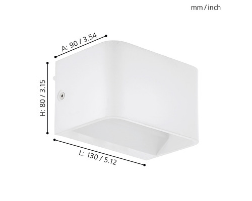 Vit vägglampa med dimensioner.
