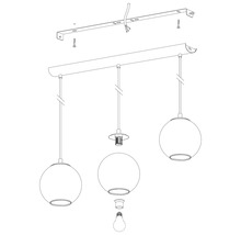 Sprängskiss av en taklampa med tre lampor och installationsmaterial