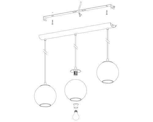 Sprängskiss av en taklampa med tre lampor och installationsmaterial