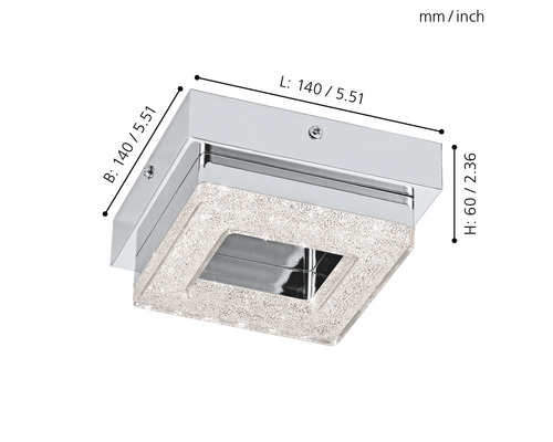 Fyrkantig taklampa med kristalloptik och måtten 140 x 140 x 60 millimeter