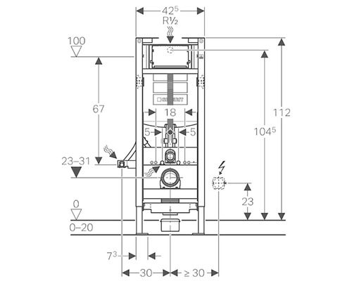 Teknisk ritning Geberit installationssystem med måttangivelser