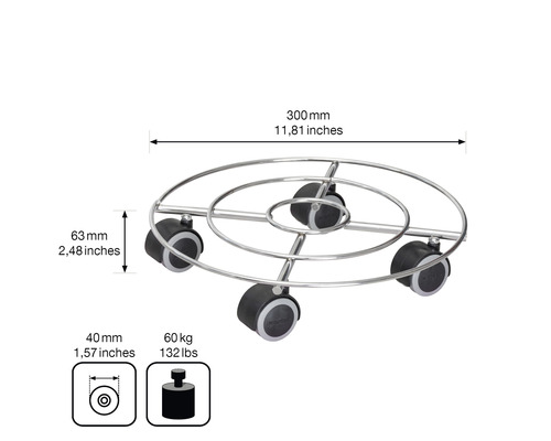 Växtrulle av metall med hjul och mått