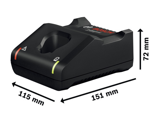 Bosch logotyp. Laddare med måtten 115 mm x 151 mm x 72 mm.