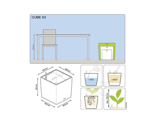 Produktbeskrivning Lechuza Cube 50 planteringskärl med mått och instruktioner för fyllning