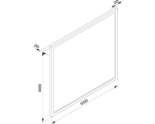 Teknisk ritning av en ram med måtten 600 x 650 x 20 mm