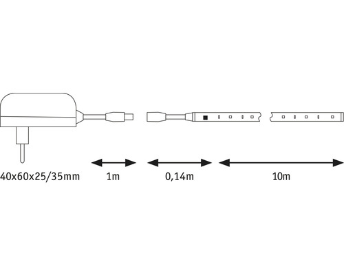 Bild av en LED-strip med måtten 40x60x25/35 mm, 1 m, 0,14 m och 10 m.