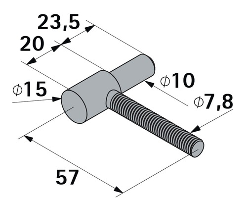 Teknisk ritning av en bult med gänga och måtten 57, 23.5, 20, diameter 7.8, diameter 10 och diameter 15