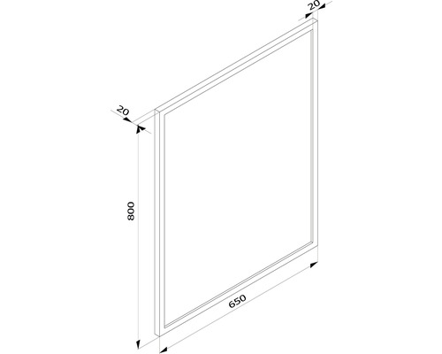 Ritning av en ram med måtten 800 mm hög, 650 mm bred och 20 mm djup