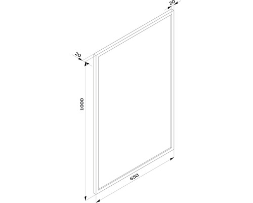 Teknisk ritning av en ram med måtten 1000 x 650 x 20 mm