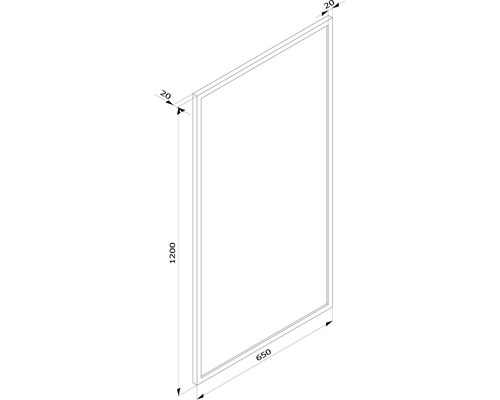 Teknisk ritning av en duschvägg med måtten 1200 x 650 mm