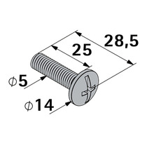 Teknisk ritning av en skruv med måtten 5 mm diameter, 25 mm längd och 14 mm huvuddiameter