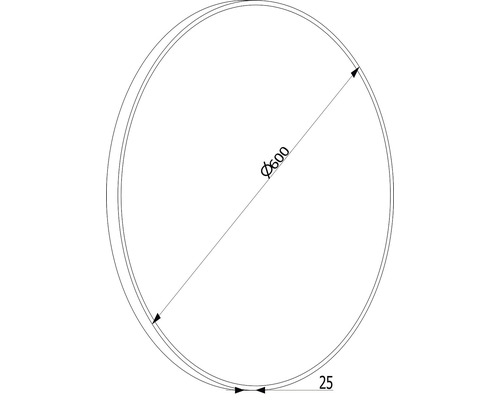Teknisk ritning av ett runt objekt med en diameter på 600 och en bredd på 25.
