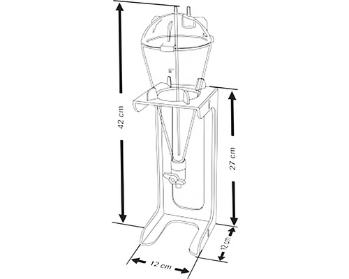 Ritning av en doseringsautomat med måtten 42 cm höjd, 27 cm höjd och 12 cm bredd