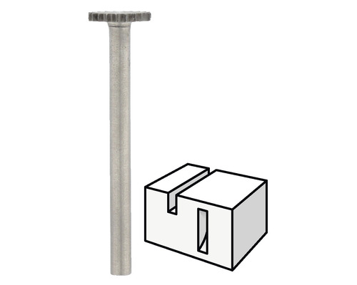 Fräs med styrning och schematisk representation av en träkub med slits