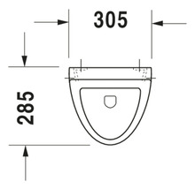 Teknisk ritning av en vägghängd toalett med måtten 305 x 285 millimeter.