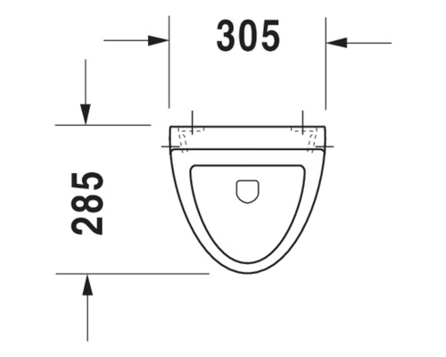 Teknisk ritning av en vägghängd toalett med måtten 305 x 285 millimeter.
