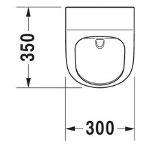 Teknisk ritning av en vägghängd toalett med måtten 350 mm höjd och 300 mm bredd.