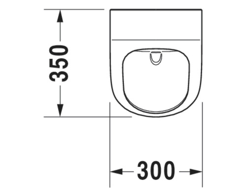 Teknisk ritning av en vägghängd toalett med måtten 350 mm höjd och 300 mm bredd.